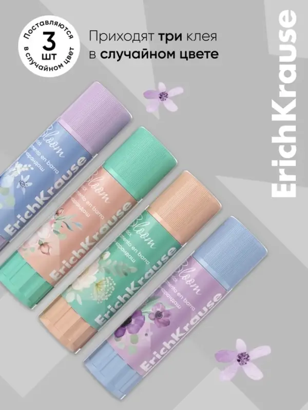 Клей-карандаш, ErichKrause EasyStick Pastel Bloom, PVP, экономичный расход, 6 г, МИКС