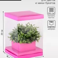 Коробка для цветов с вазой и PVC окнами складная, 16&times;23&times;16 см, однотонный, розовый