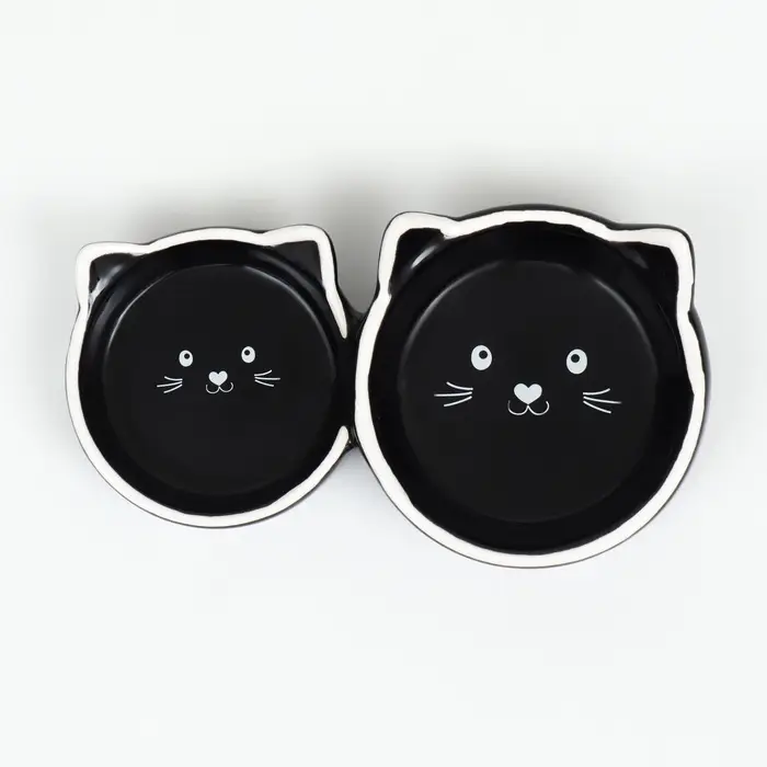 Миска для кошек Пижон &laquo;Кошачье семейство&raquo; 40/60 мл, 19&times;10.5&times;3.5 см, двойная, керамика, чёрная, белая