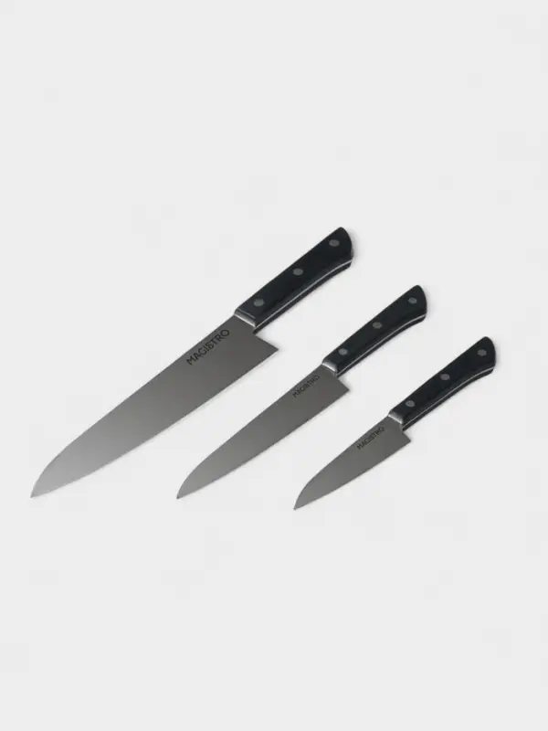 Набор кухонных ножей Magistro Hinshitsu, 3 шт. овощной, универсальный, шеф, нержавеющая сталь, чёрный