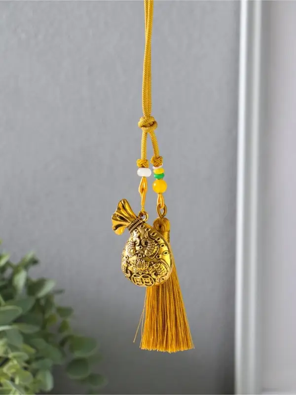 Подвеска металл, текстиль &laquo;Мешок и рыбы с лотосом, с кисточкой&raquo;, золотистый, 1.5&times;5.5&times;14 см