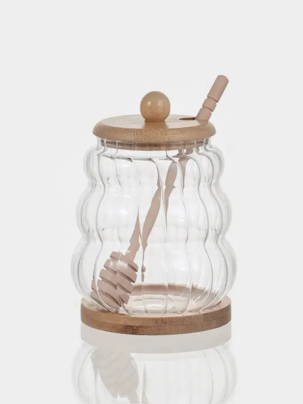 Баночка для мёда и варенья &laquo;Эко. Рельеф&raquo;, 9&times;12.5 см, с бамбуковой крышкой и ложной, на подставке, стекло, прозрачная