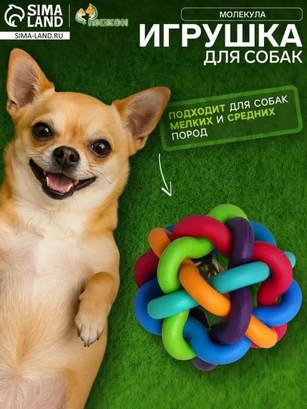 Мяч для собак &laquo;Молекула&raquo;,6 см, с бубенчиком, разноцветный