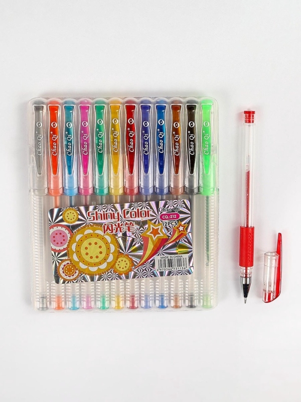 Набор гелевых ручек, 12 цветов, с блестками, с резиновым держателем, в пластиковой коробке