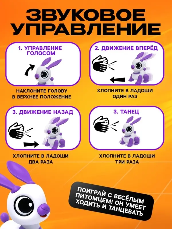 Робот кролик &laquo;Питомец&raquo; IQ BOT, интерактивный: с записью звуков, реагирует на хлопки, звук, свет, на батарейках, розовый