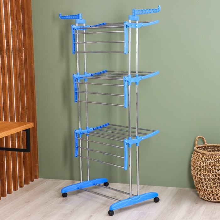 Сушилка для белья напольная 3-х уровневая Доляна, 75(126)×64×170 см, рабочая длина 16 м, на колёсах, нержавеющая сталь