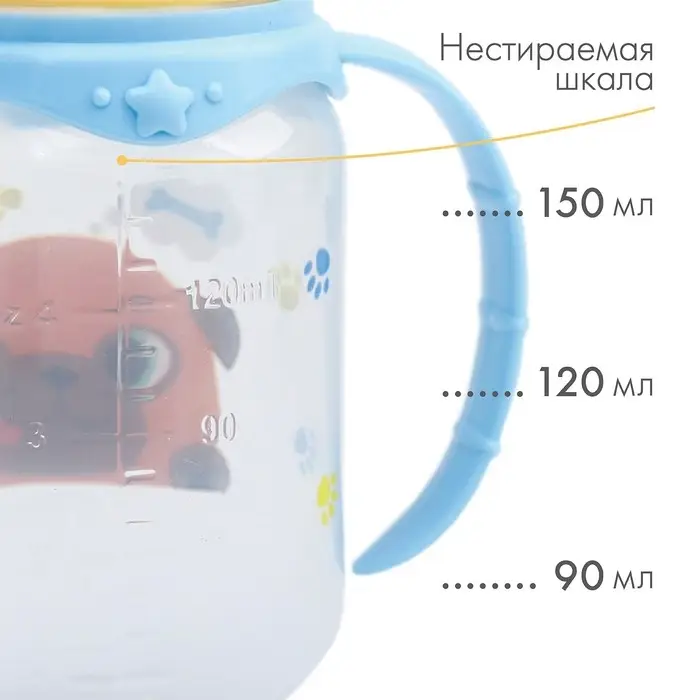 Бутылочка для кормления M&B &laquo;ТРЕНД. Песики&raquo;, классическое горло, с ручками, от 0 мес., 150 мл., цилиндр, голубой