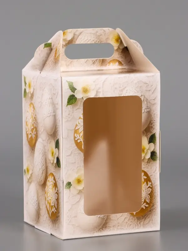 Коробка подарочная пасхальная с окном и с ручкой, бежевый, 10&times;10&times;15 см