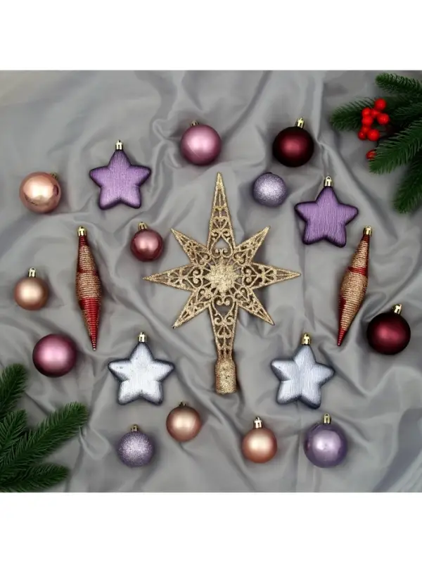 Ёлочные игрушки &laquo;Глория&raquo;, набор с верхушкой 43 шт. (32 шара, 4 сосульки, 6 звёзд), МИКС