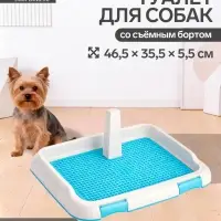 Туалет для собак, 46.5&times;35.5&times;5.5 см, со съёмным бортом, решёткой и столбиком, пластик, голубой