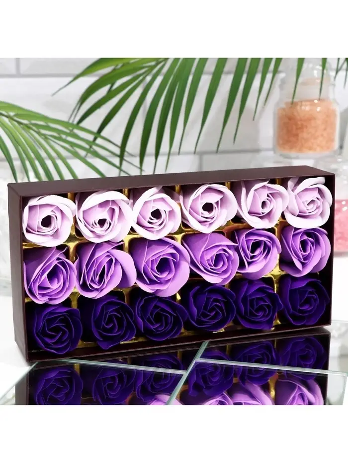 Мыльные розы, фиолетовые оттенки, набор 18 шт., в коробке