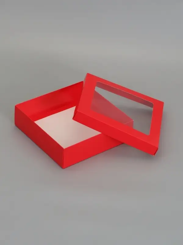 Коробка складная, крышка-дно,с окном, красная, 23 х 23 х 6,5 см