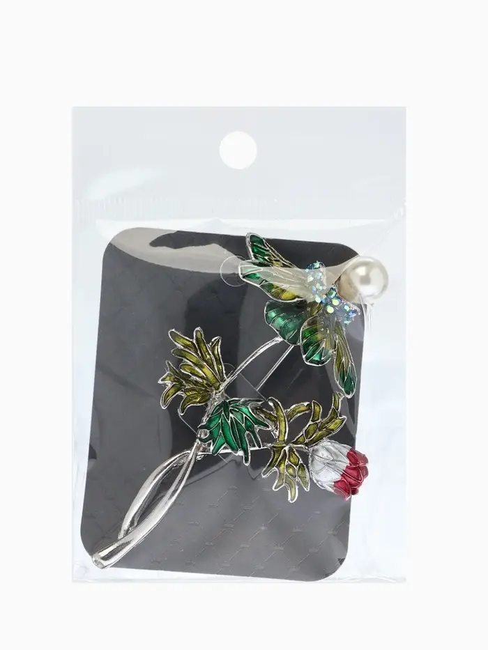 Брошь "Репей", цветок с бусиной, цветная в серебре