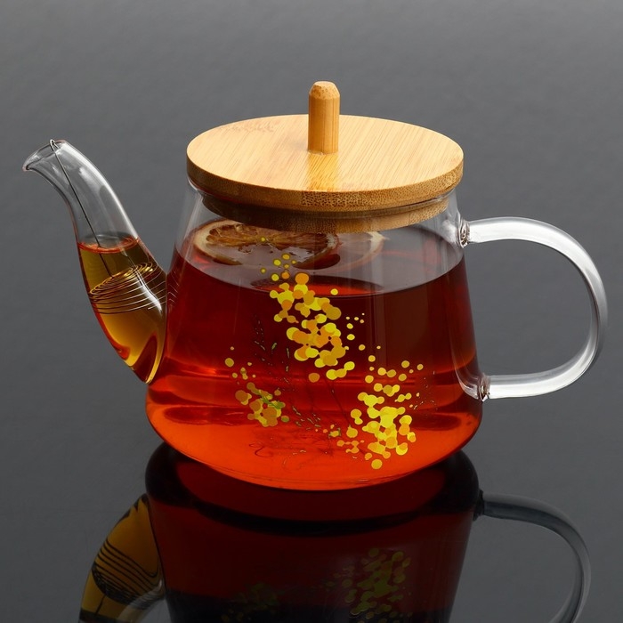 Чайник стеклянный заварочный с бамбуковой крышкой «Нежная мимоза», 600 мл Чайник стеклянный заварочный с бамбуковой крышкой «Нежная мимоза», 600 мл