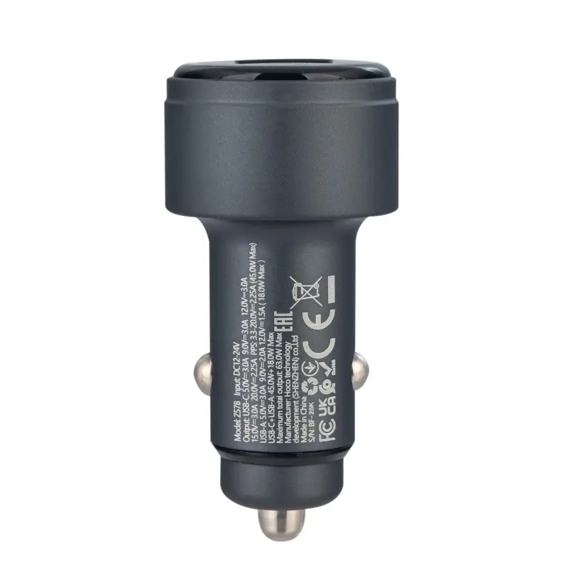 Переходник автомобильного зарядного устройства на Type-C PD45W + USB Q.C 3.0 Z57B HOCO серый