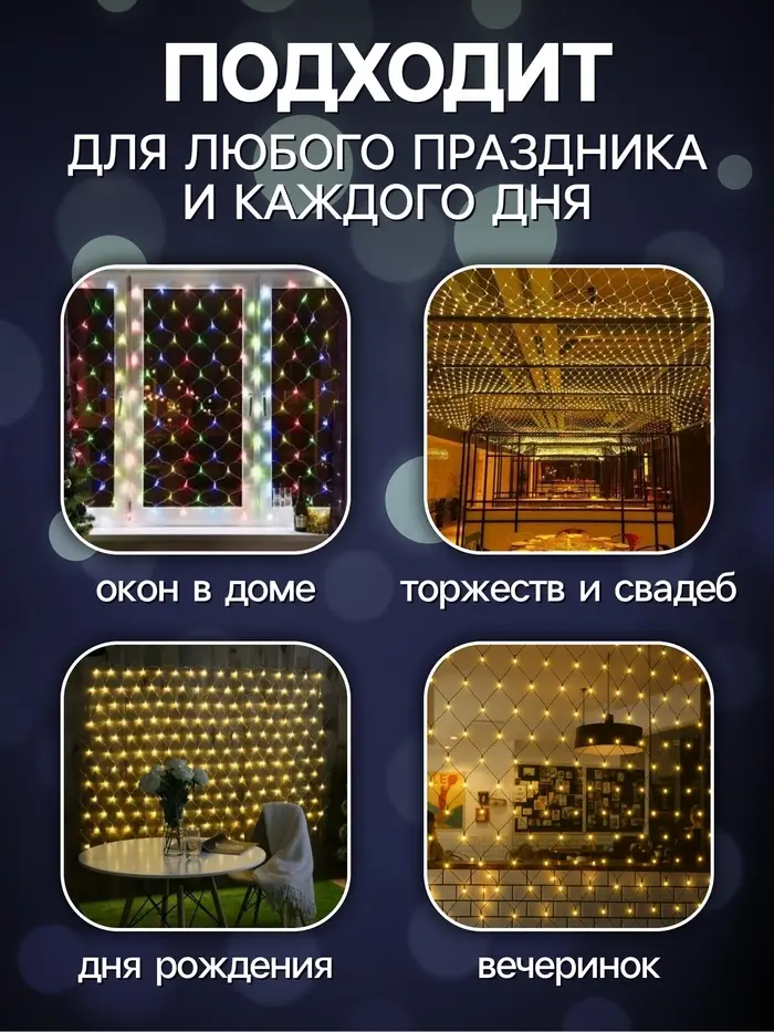 Гирлянда &laquo;Сеть&raquo; 2&times;2 м, IP20, тёмная нить, 224 LED, 8 режимов, 220 В, свечение белое