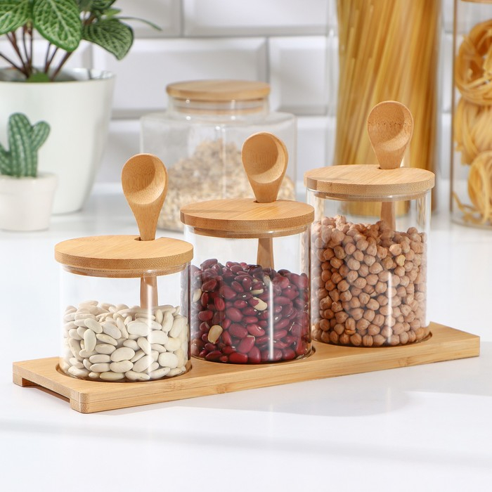 Банки стеклянные для хранения сыпучих продуктов Magistro «Эко», 3 предмета: 220/320/420 мл, с ложками Банки стеклянные для хранения сыпучих продуктов Magistro «Эко», 3 предмета: 220/320/420 мл, с ложками