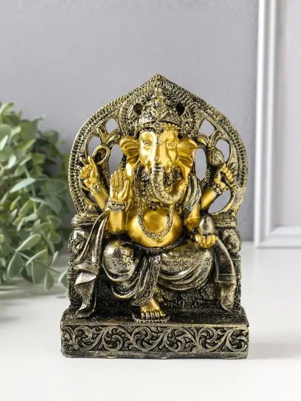 Сувенир полистоун "Ганеша на резном троне" золотая бронза 4х11,7х17,3 см