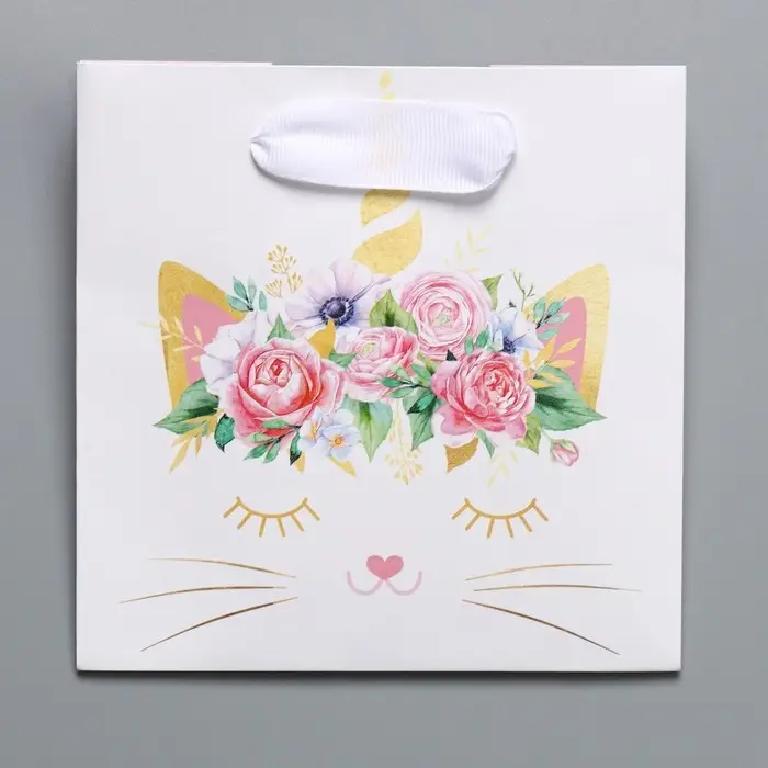 Пакет подарочный ламинированный квадратный, упаковка, «Кошка‒единорожка», 14 х 14 х 9 см Пакет подарочный ламинированный квадратный, упаковка, «Кошка‒единорожка», 14 х 14 х 9 см