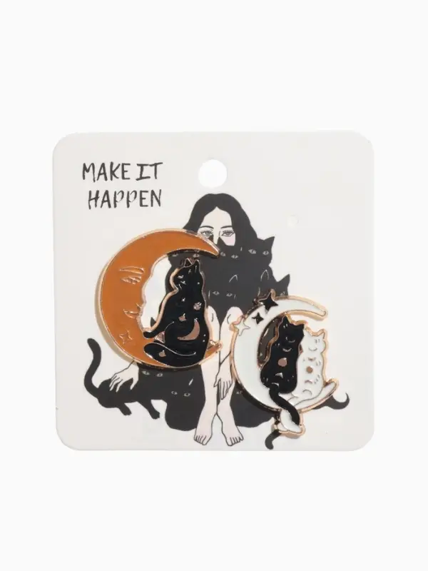 Набор значков (2 шт.) &laquo;Коты на Луне&raquo;, цветной в золоте