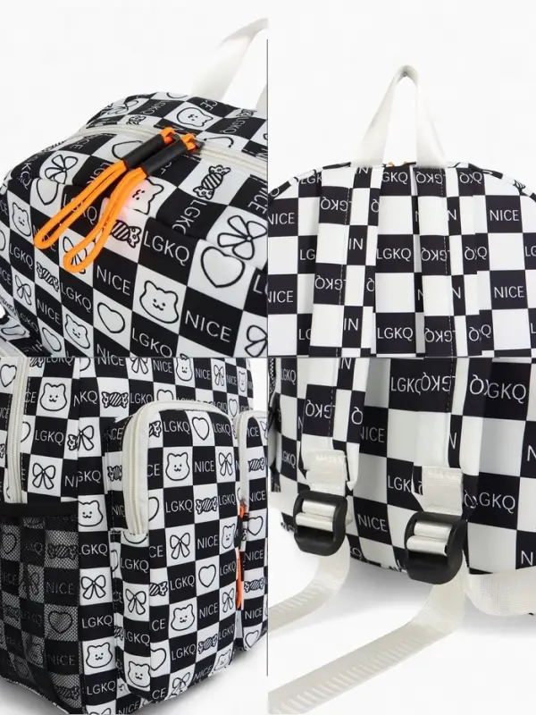 Рюкзак школьный на молнии, с карманами, в клетку, размер 30&times;14&times;43 см, чёрный