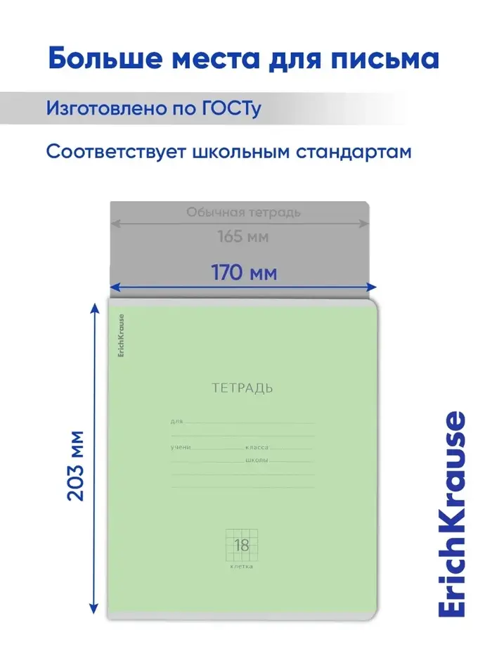 Тетрадь 18 листов в клетку, ErichKrause &laquo;Классика&raquo;, обложка мелованный картон, блок офсет 100% белизна, зелёная