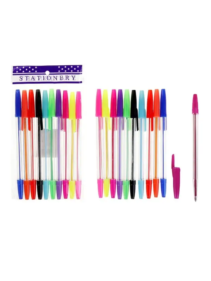 Набор ручек шариковых 10 цветов, корпус прозрачный, с цветными колпачками