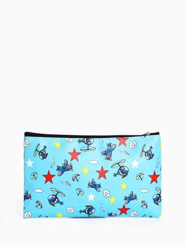 Косметичка-пенал на молнии, плоская, с рисунком, голубая