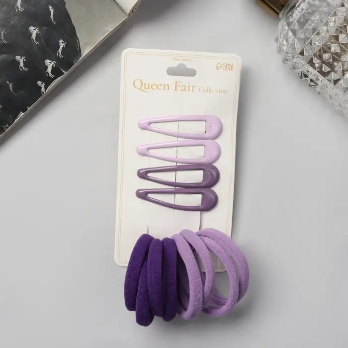 Набор для волос QF &laquo;Мира&raquo;, 12 шт.: 4 невидимки 5 см, 8 резинок 3.5 см, сиреневый