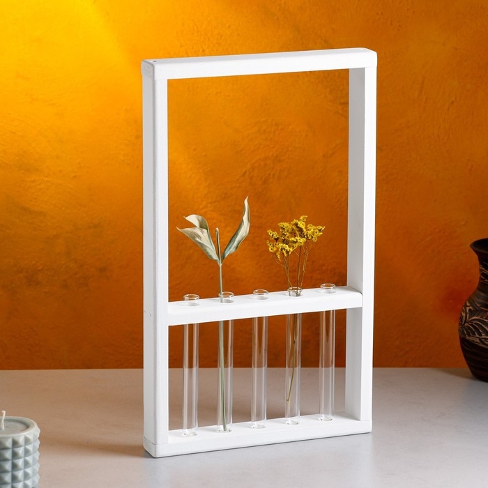 Кашпо деревянное 28×4.5×40 см с 5 колбами  Кашпо деревянное 28×4.5×40 см с 5 колбами "Рамка Экстра", белый Дарим Красиво