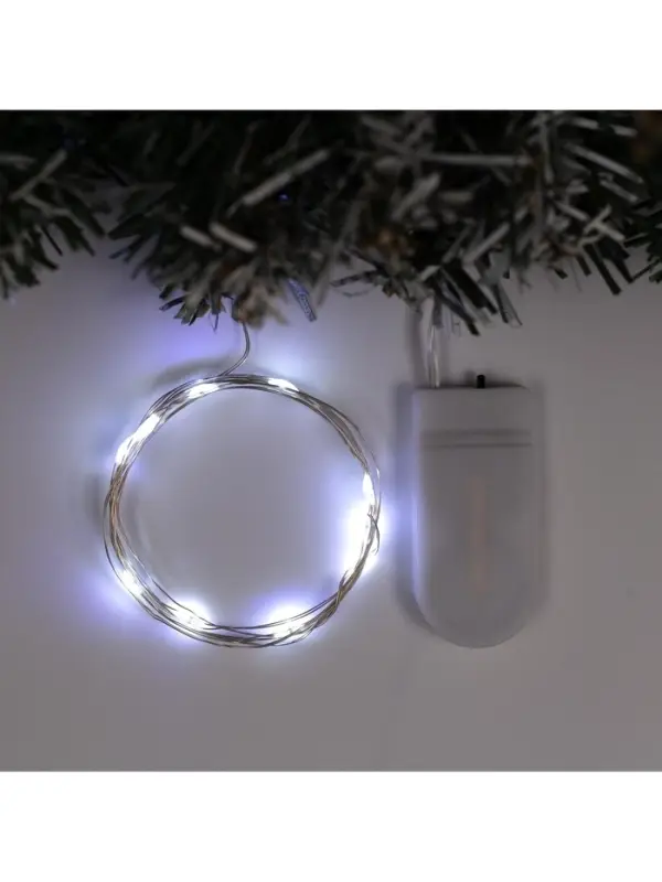 Гирлянда &laquo;Нить&raquo; 1 м роса, IP20, серебристая нить, 10 LED, батарейки CR2032&times;2 (в комплекте), свечение белое