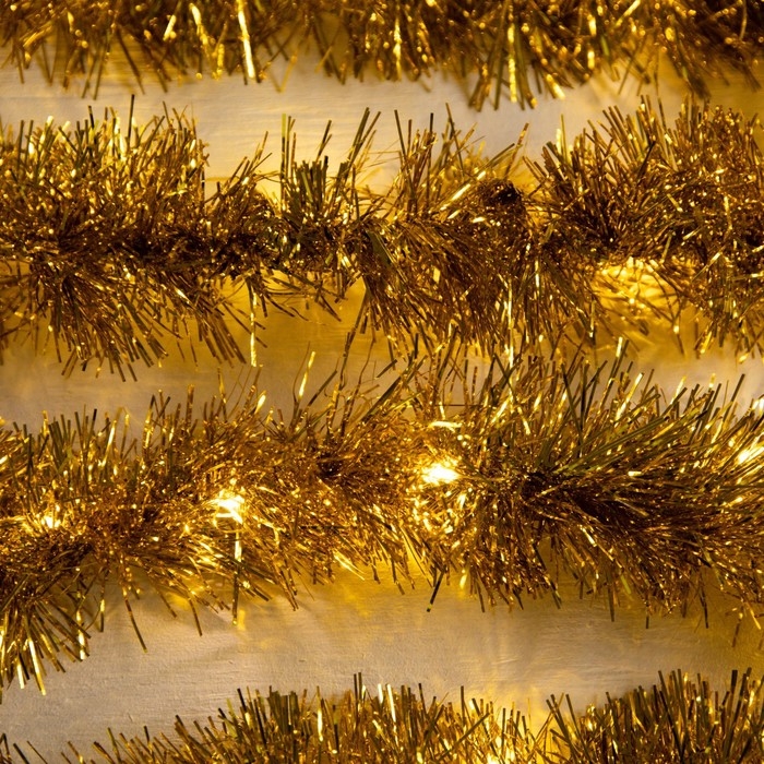 Гирлянда «Мишура» 1 м роса, IP20, золотистая нить, 22 LED, 6 слоёв, d=7 см, батарейки CR2032х2 (в комплекте), свечение тёплое белое