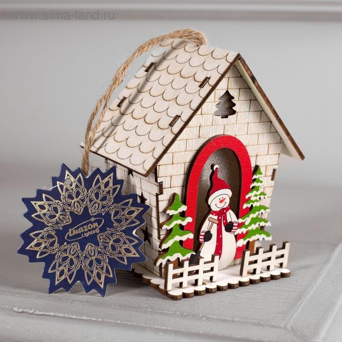 Ёлочная игрушка «Домик со снеговиком», от батареек, свечение тёплое белое Ёлочная игрушка «Домик со снеговиком», от батареек, свечение тёплое белое