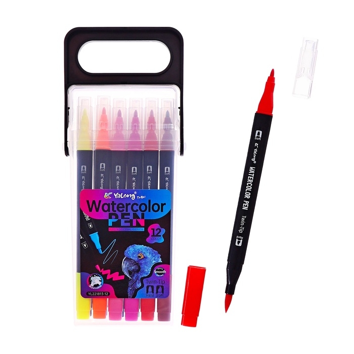 Набор маркеров 12 цветов, двусторонние, черный корпус в пластиковом пенале Набор маркеров 12 цветов, двусторонние, черный корпус в пластиковом пенале