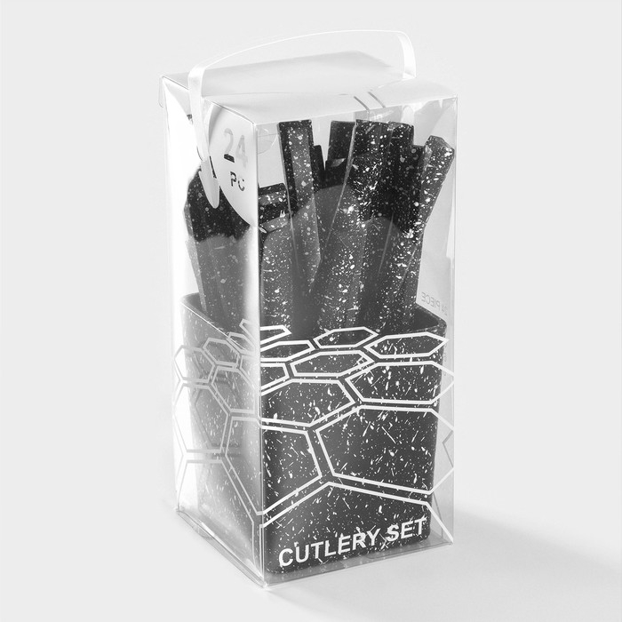 Столовые приборы из нержавеющей стали на подставке «Мрамор чёрный», 24 предмета, толщина 1,2 мм Столовые приборы из нержавеющей стали на подставке «Мрамор чёрный», 24 предмета, толщина 1,2 мм
