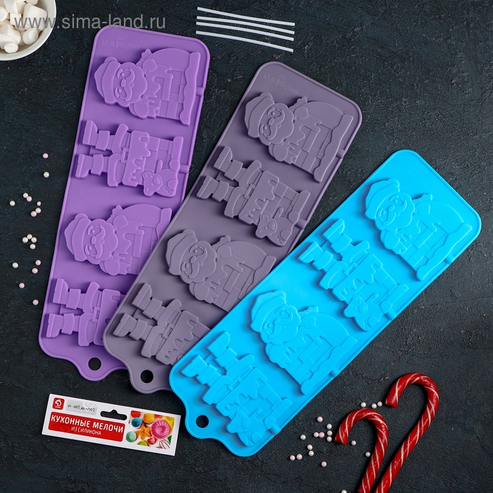 Форма для леденцов новогодняя Доляна «Дед Мороз», силикон, 36×12 см, 4 ячейки (10,2×7,5 см), с палочками, цвет МИКС Форма для леденцов новогодняя Доляна «Дед Мороз», силикон, 36×12 см, 4 ячейки (10,2×7,5 см), с палочками, цвет МИКС