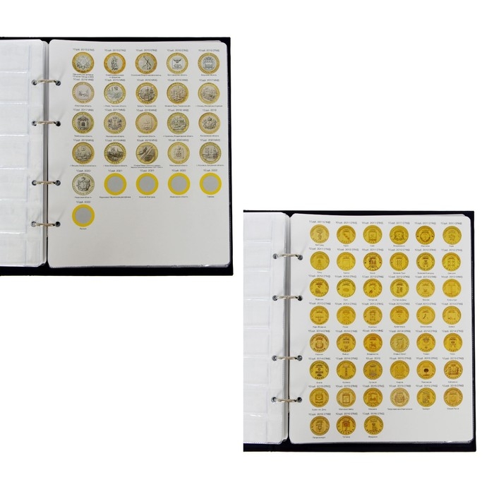 Альбом для монет на кольцах 225 х 265 мм, "Памятные монеты РФ", обложка ламинированный картон, 13 листов и 13 цветных картонных вставок