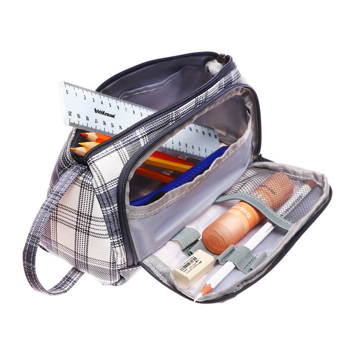 Пенал мягкий 2 отделения, 95 х 210 х 90 мм, объёмный с откидной планкой, с ручкой, Calligrata, Пенал мягкий 2 отделения, 95 х 210 х 90 мм, объёмный с откидной планкой, с ручкой, Calligrata, "Шотландка", серо-синяя