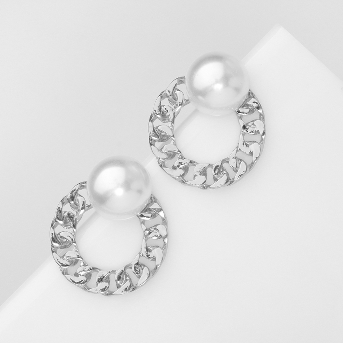 Серьги с жемчугом &laquo;Абстракция&raquo; цепь, цвет серебро