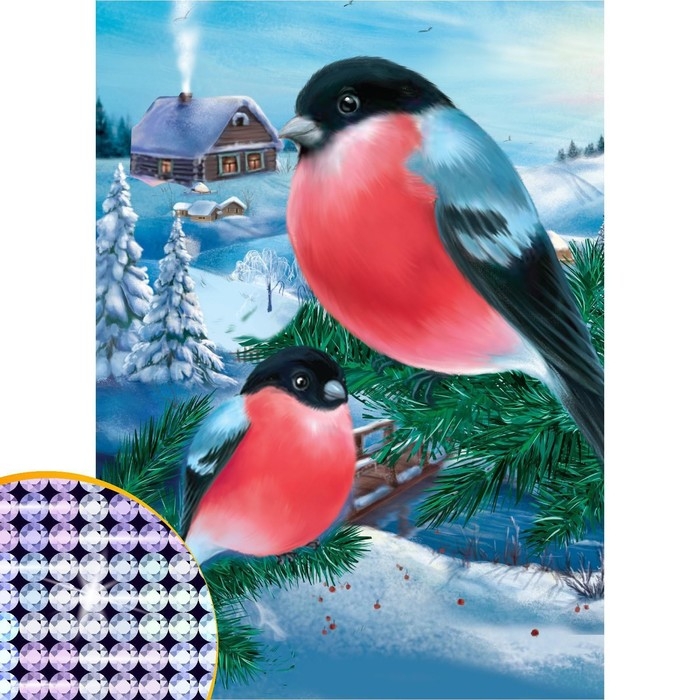 Алмазная мозаика на новый год с частичным заполнением на холсте «Снегири», 15 х 21 см, новогодний набор для творчества