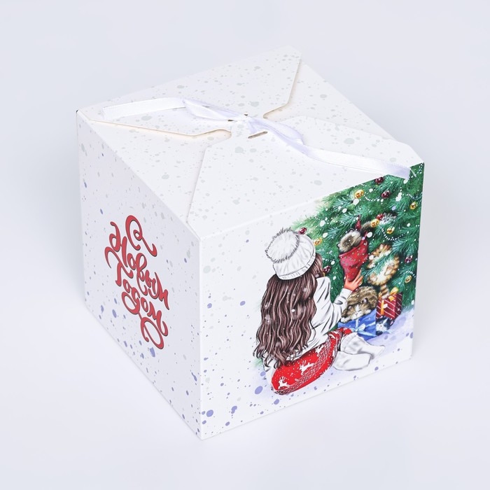 Новый год. Коробка складная, подарочная новогодняя "Домашний уют" 14 х 14 х 14 см.