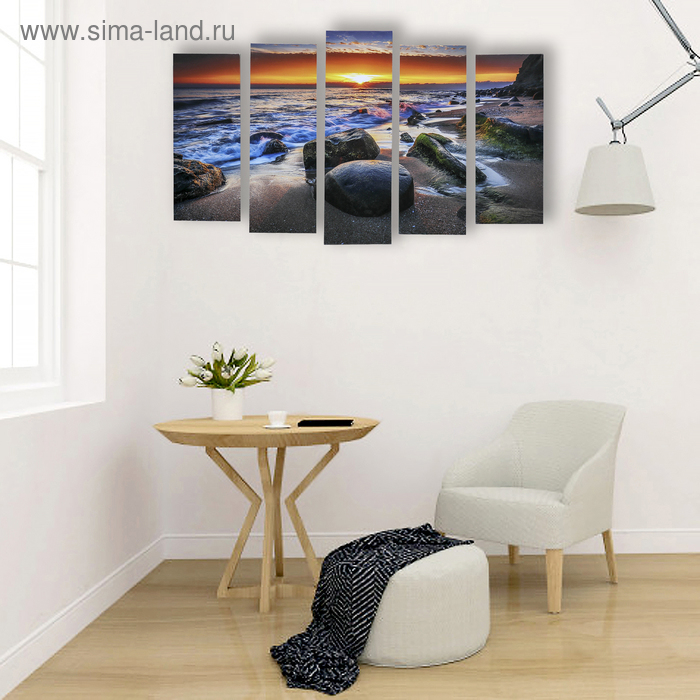 Картина модульная на подрамнике  Картина модульная на подрамнике "Закат на берегу" 125х80 см (2-25х63, 2-25х70, 1-25х80)