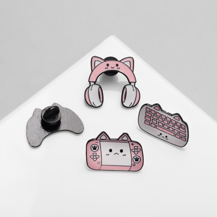 Набор значков (4 шт.) «Кото-гаджеты», цвет бело-розовый в чёрном металле Набор значков (4 шт.) «Кото-гаджеты», цвет бело-розовый в чёрном металле