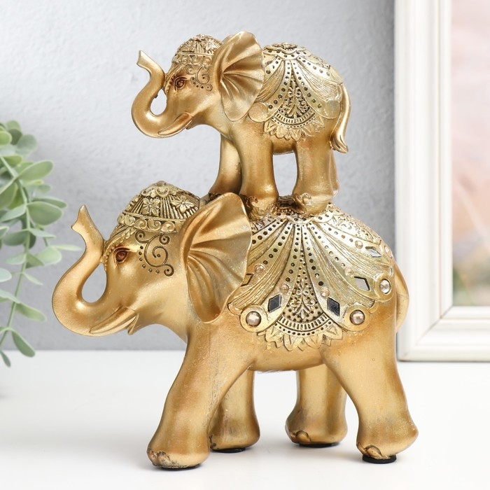 Сувенир полистоун Сувенир полистоун "Золотой слон со слонёнком на спине - цирковая попона" 20х5х16 см