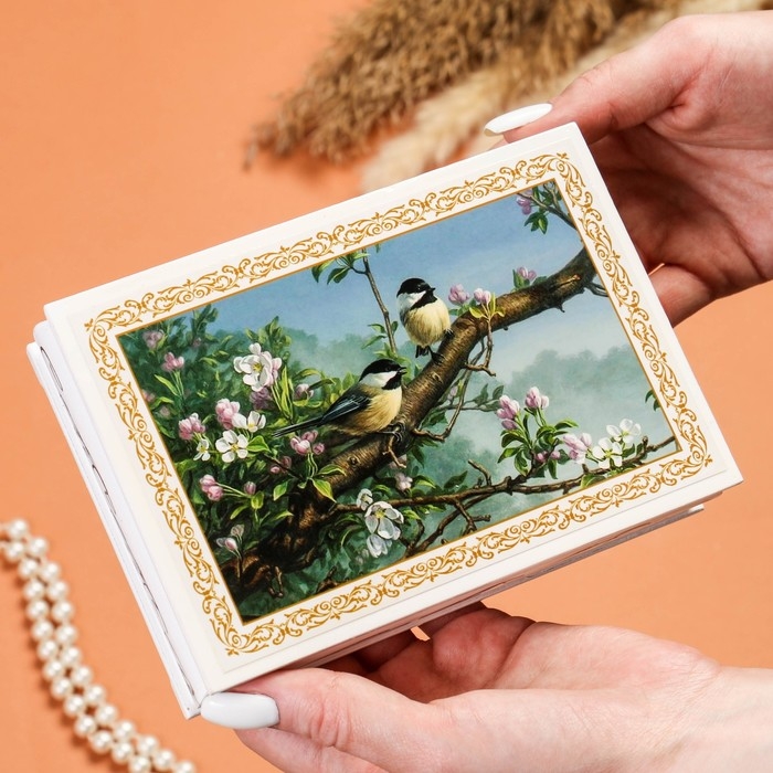 Шкатулка «Синички на ветке», белая, 11×16 см, лаковая миниатюра