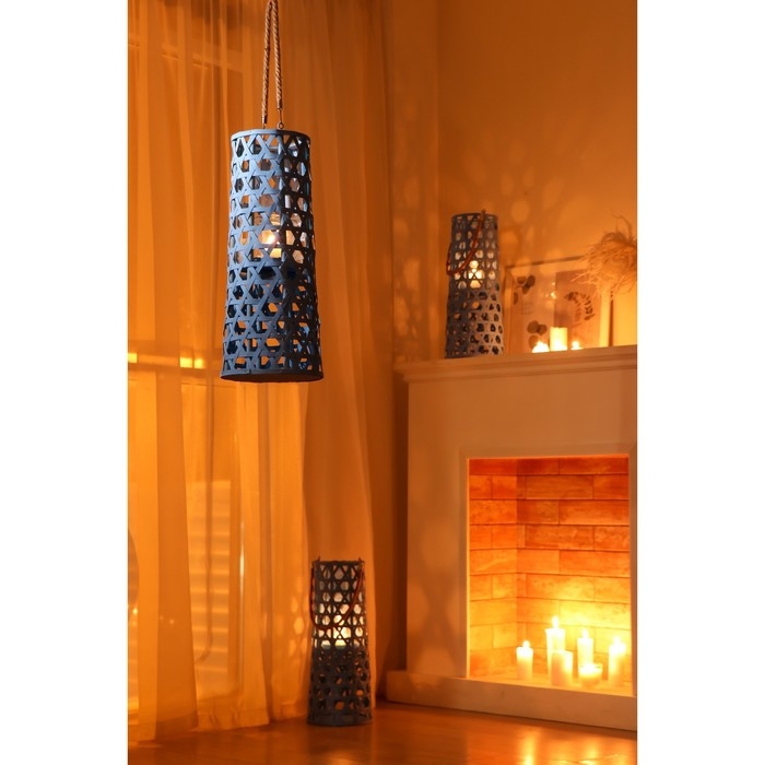 Подсвечник дерево  Подсвечник дерево "Фонарик. Звёздное плетение" голубой 51х16х16 см