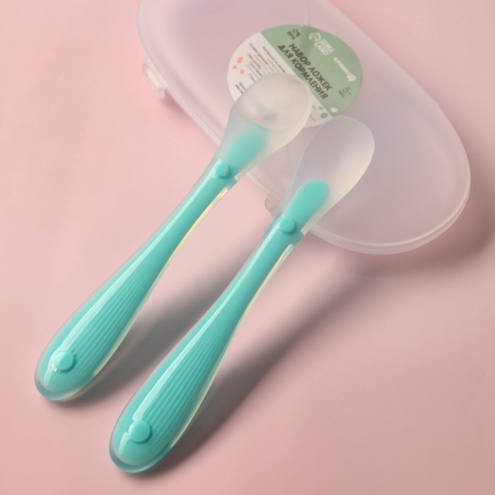 Набор силиконовых ложек для кормления, 2 шт., в контейнере, цвет бирюзовый Набор силиконовых ложек для кормления, 2 шт., в контейнере, цвет бирюзовый