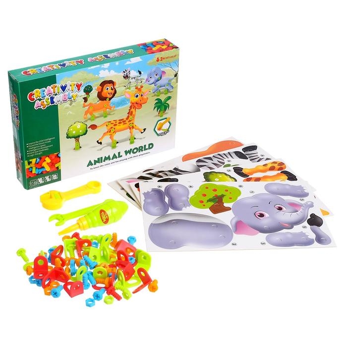 Конструктор винтовая мозаика «Животные сафари», 4 карточки, 3 инструмента Конструктор винтовая мозаика «Животные сафари», 4 карточки, 3 инструмента