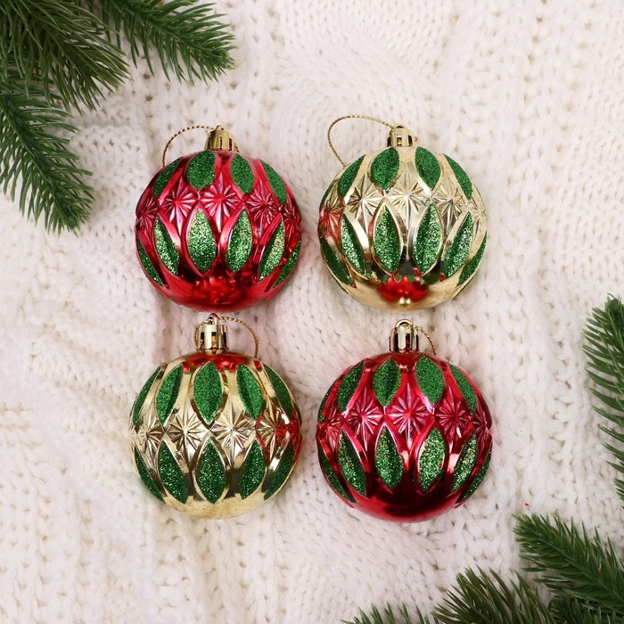 Набор шаров пластик d-6 см, 4 шт "Гранат" красный золото