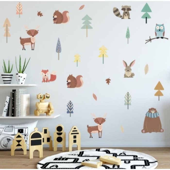 Наклейка пластик интерьерная цветная Наклейка пластик интерьерная цветная "Лес со зверятами" 36х58 см